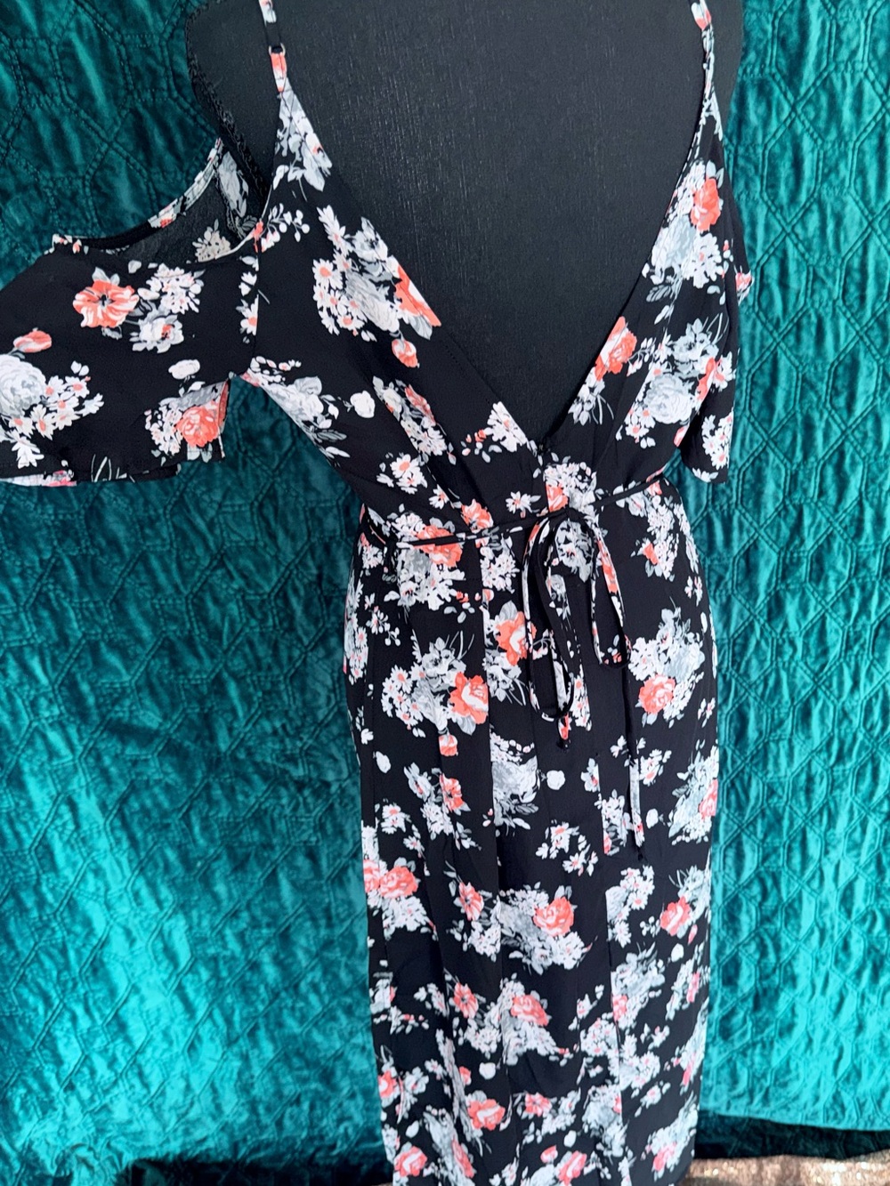 Lumiere Black Cold-Shoulder Midi Dress with Coral & White Floral Print